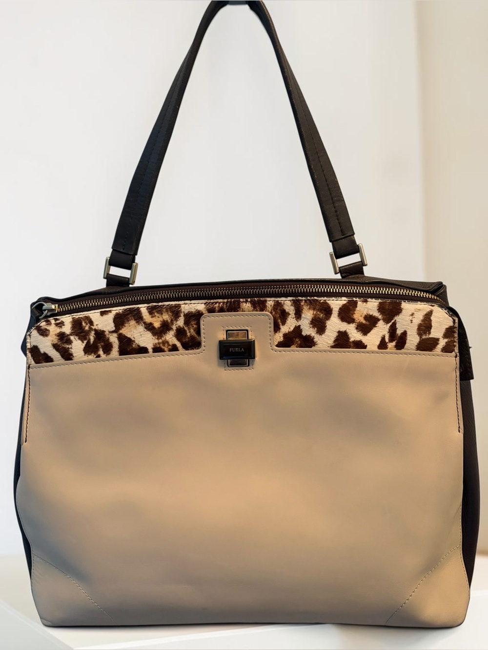 Furla Piper Lux Satchel Handbag w/ leopard print calf hair